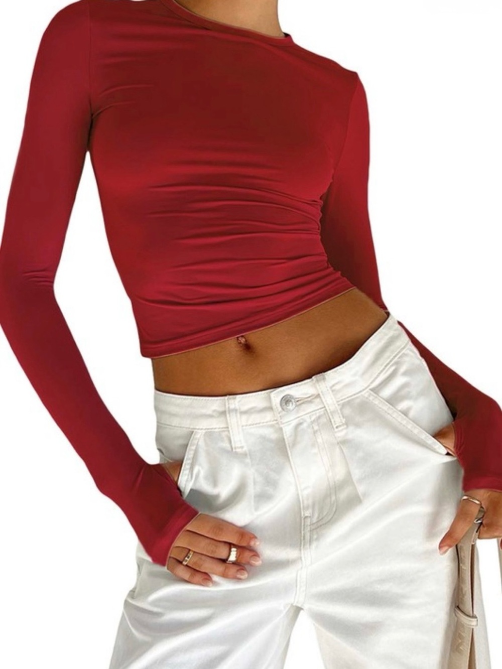 Long-Sleeve Red Crop Top - Women's Slim Fit
